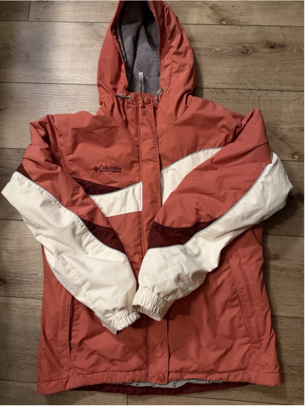 Columbia Womens M Insulated Fleece Lined Hooded Jacket Pink Burgundy Colorblock